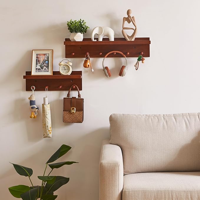 Coat Hook Wall Mount with Shelf, 23.62in Wood Wall Hooks with Storage, for Entryway, Bathroom, Kitchen, Walnut Color YD-WS0260H