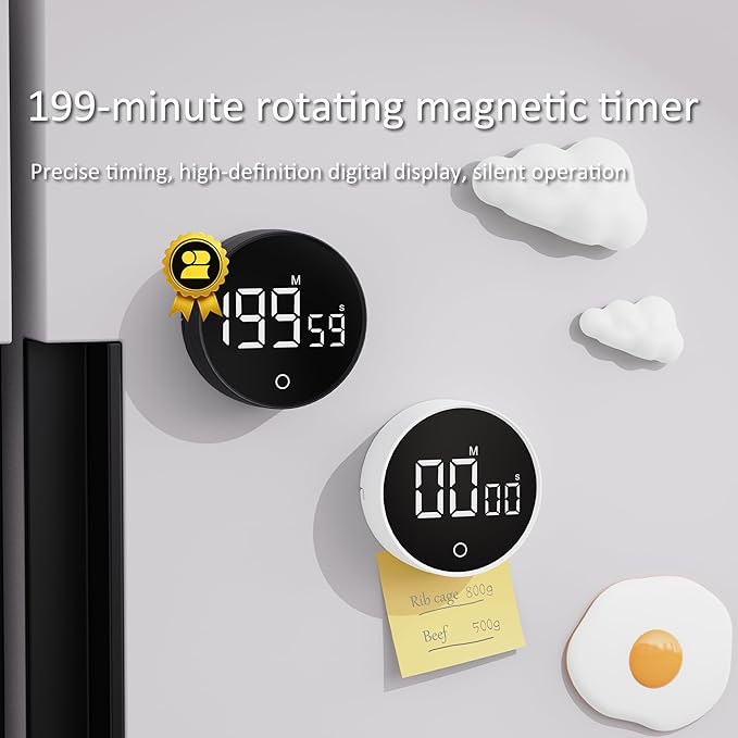 Digital Kitchen Timer, Rechargeable Magnetic Visual Timer with Large LED Display, Adjustable Volume for Classroom, Cooking, Fitness, Baking, Kids Learning & Teaching (1, Black)