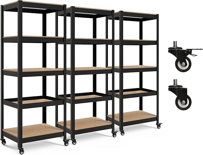 HOMEDANT House 5-Tier Metal Rolling Cart Shelf Rack Casters Heavy Duty Laminated Wheel Shelving Unit Adjustable Utility Storage Shelves Organizer Shelf Kitchen Garage (3, (S) 24.4" W, Black)