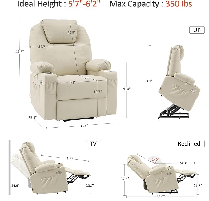 MCombo Large Power Lift Recliner Chair with Massage and Heat for Tall Elderly People, 3 Positions, Cup Holders, and USB Ports, Faux Leather 7516 (Large, Cream White)
