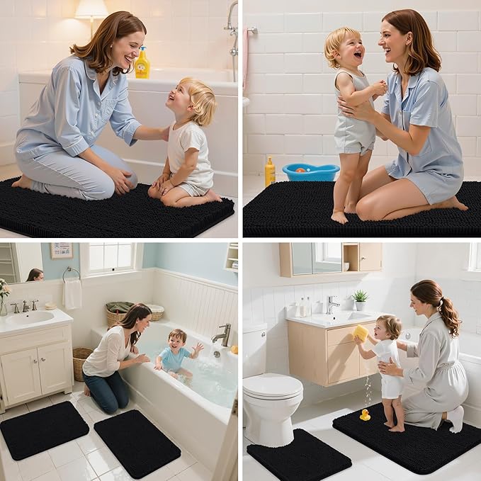 Arotive Bathroom Rugs 47x32, Extra Soft Absorbent Shaggy Chenille Bath Rugs, Machine Washable Rubber Backing Non-Slip Bath Mats for Bathroom Floor Tub and Shower, Home Decor Accessories, Black
