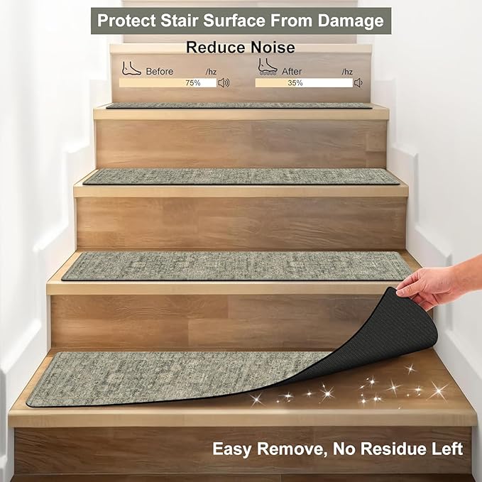 OJIA Stair Treads Non Slip Stair Runners for Wooden Steps, 8"x30" Rubber Backing Stair Mats Carpet Stair Tread Covers Staircase Step Treads for Dogs, Kids & Elders, Brown, 15PCS