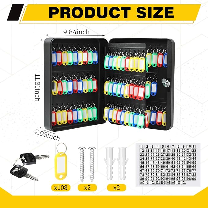 Ripeng 108-Keys Key Lock Box Wall Mount Steel Key Cabinet Lock Box Security Holder with Tags and Hooks Organizer Wall Safe Storage for Car Office Hotel House Rental Business, Black