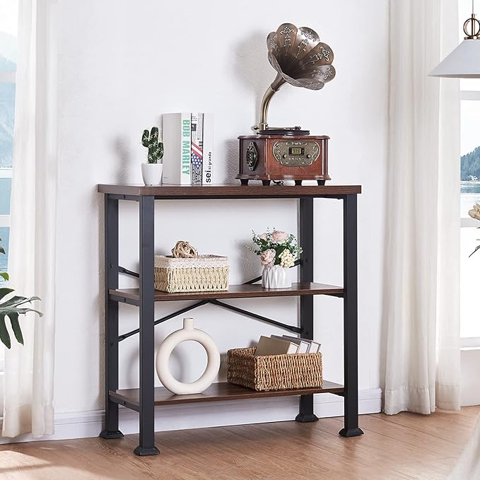 HOMBAZAAR 3 Tier Bookshelf,Rustic Brown Industrial Book Shelf,Engineered Wood and Metal Deep Bookcases,Low Shelf Bookcase for Living Room,Office,Bedroom and Kitchen