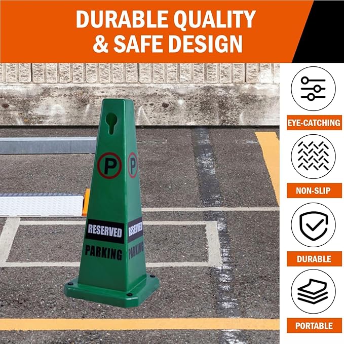 26.5" Caution Cones, 4-Sided Visible Safety Signs with Heavy Rubber Base, Warning for Slip & Fall Prevention, Indoor/Outdoor Use (4, Reserved Parking-Green, 26.5 inch)