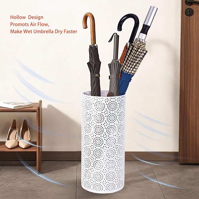 Umbrella Stand Rack for Entryway, Free Standing Metal Umbrella Holder, Round Umbrella Organizer Bin with 3 Hooks for Long Short Umbrella, Walk Stick, Home Office Indoor, 17 x 7 Inch, White