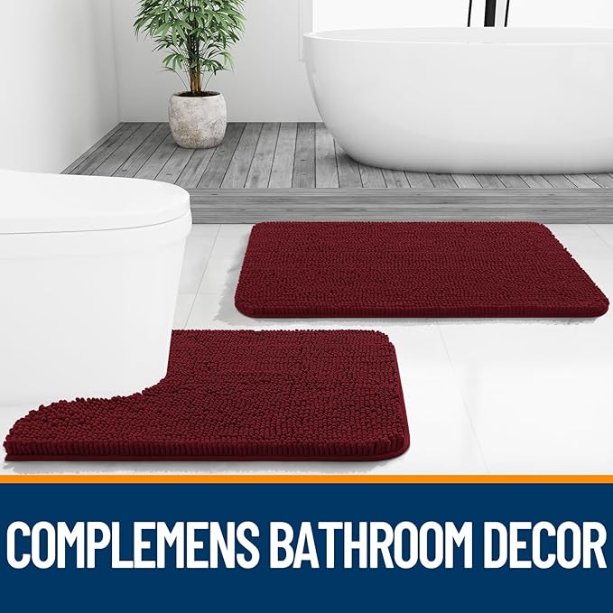 OLANLY Toilet Rugs U-Shaped 24x20, Extra Soft Absorbent Chenille Contour Bathroom Rugs for Toilet, Dry Quickly, Machine Washable, Non-Slip Bath Mat, Burgundy