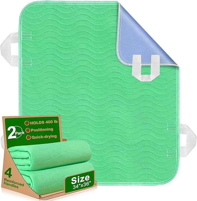 Positioning Bed Pad with Handles - Quick Drying Bed Pads with 8 Reinforced Handles, Washable Waterproof Reusable Pads for Elderly, Bedridden, Turning, Lifting, Transferring 34" × 36", 2Pack