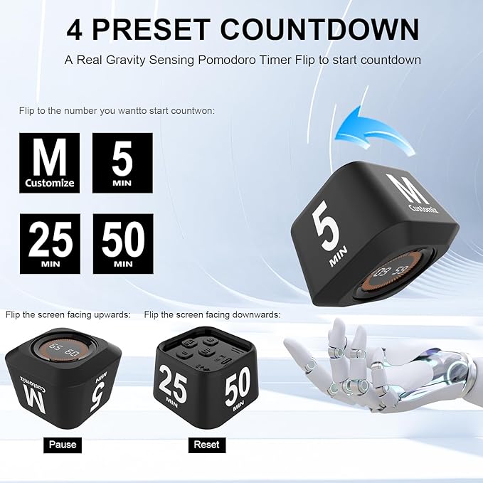 Rotating Visual Pomodoro Timer 5, 25, 10, 50 Min Custom Countdown, Rechargeable Cube Desk Productivity Flip Timer with Detachable Silicone Case, Ideal for ADHD Tool Study Work School (Green)
