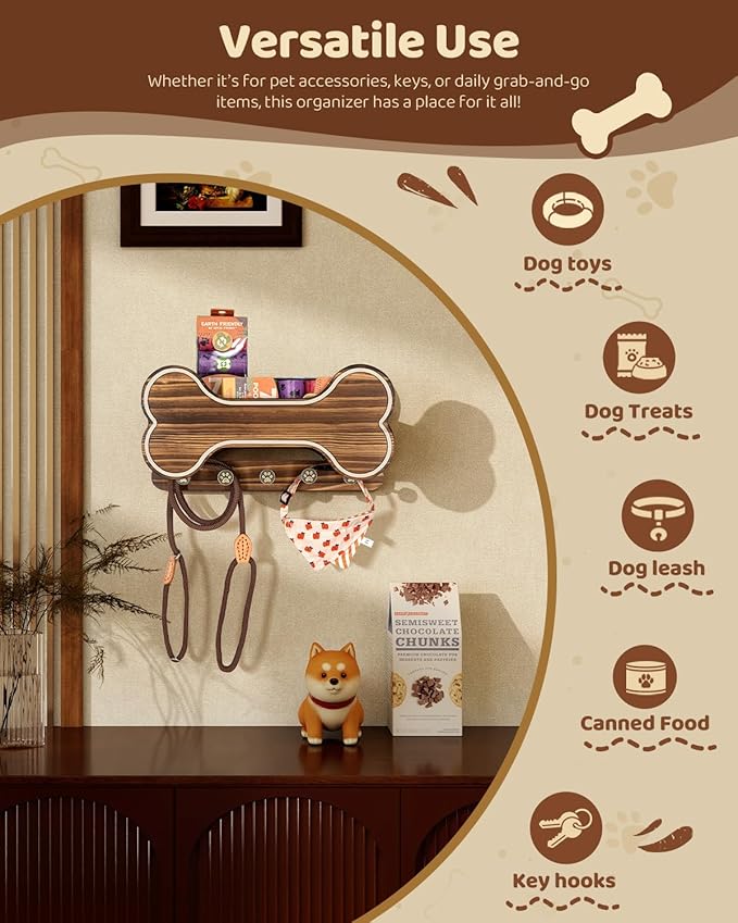 MTERSN Farmhouse Dog Leash Holder for Wall - Dog Stuff Organizer and Doggie Bone Key Holder Wall Mount with 5 Decorative 3D Puppy Paw Hooks & Storage Shelf - Ideal Home Decor (Brown)