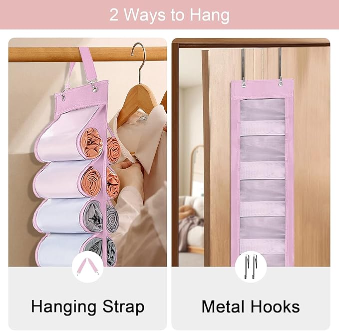 Legging Organizer Storage, Shirt Organizer, Foldable Hanging Closet Organizer Storage with 26 Roll Independent Compartments for Yoga Pants, Tank Top, Towel, Underwear (Pink)