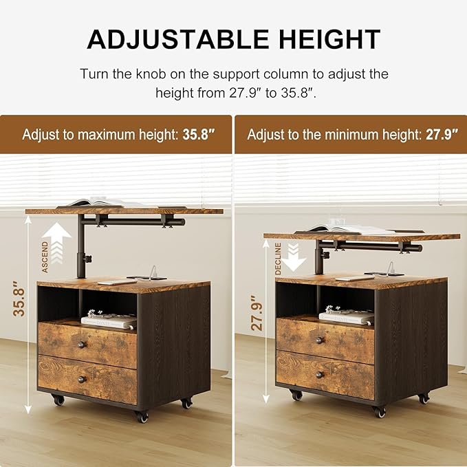 Bedroom Nightstand with Drawers & Charging Station, Adjustable Height Bedside Table with Wheels, Wooden Small Sofa Side Tables with Storage for Living Room, Rustic Brown