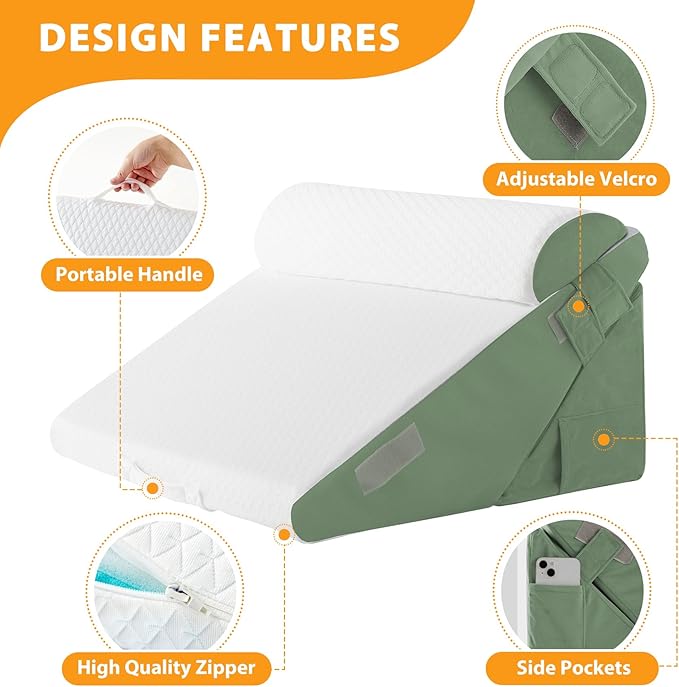 3PCS Wedge Pillow Set for After Surgery, Adjustable 9&12 Inch Bed Wedge Pillow for Sleeping, Incline Pillow Wedge for Headboard, Post Surgery, Acid Reflux, Neck&Back Support, Green