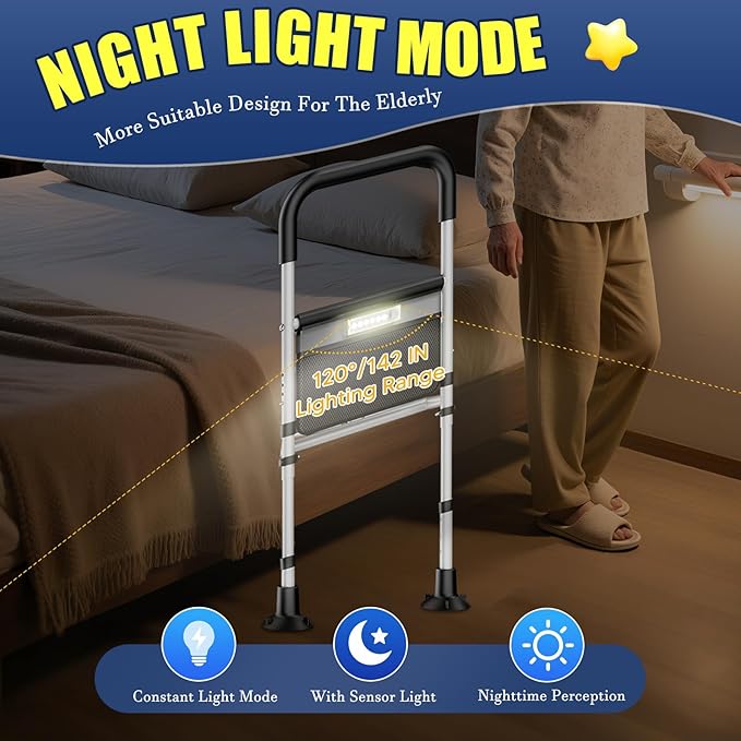 Bed Rails for Elderly Adults Safety,ASTM Approved Adjustable Bed Assist Rails For Seniors,Anti-Slip Ergonomic Handle,440lb Weight Capacity,Comes with storage bag,Night sensor light & Bed Ladder Assist