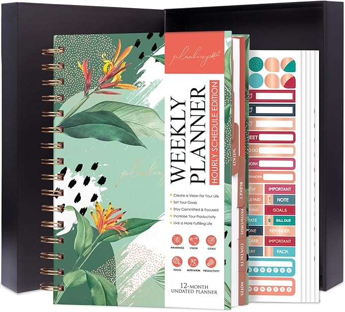 PLANBERRY Hourly Schedule Planner Premium – Undated Weekly Organizer with Time Slots & Monthly Budget – Time Management, Goal Setting, To-Do List & Habit Tracker –6.9″x8.5″(African Green)