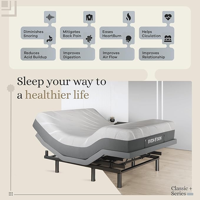 Sven & Son Harmony Adjustable Bed Base, Head and Foot Lift, Massage, Under-Bed Lights, USB, Gel Memory, Zero Gravity Smart Frame - Full + 10 inch Memory Foam Matt (Firm)