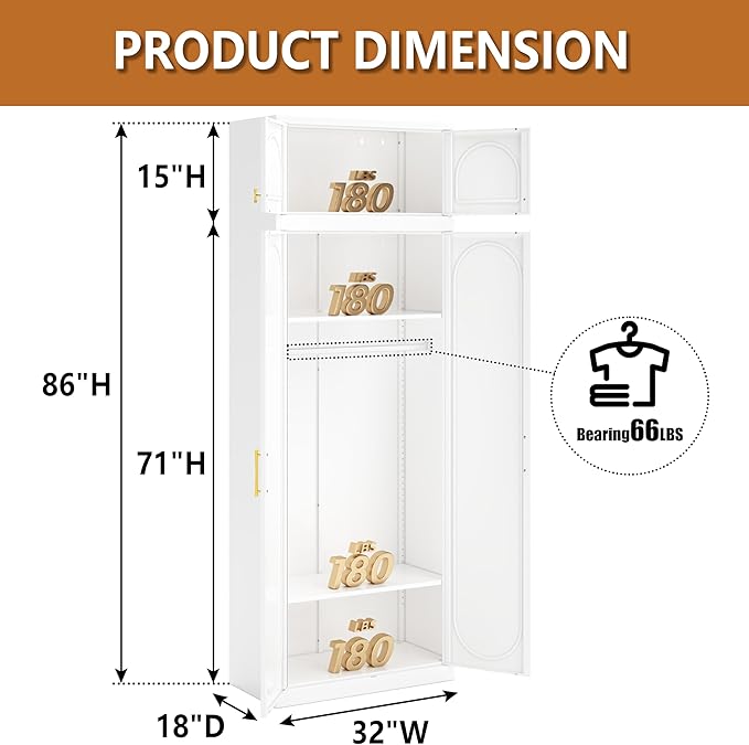 Armoire Wardrobe Closet with Hanging Rod, 86 Inch Tall Metal Wardrobe Cabinet, Metal Armoire with Doors, Large Freestanding Wardrobes for Bedroom, 18"D x 32"W x 86"H, White, Assemble Required