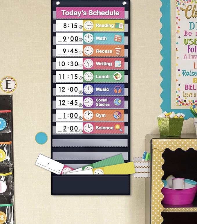 Eamay Daily Schedule Pocket Charts, Teaching Chart, Hoom, Eamay Daily Scheduling Pocket Chart with 13+1 Pockets, 18pcs Dry Erase Cards and 2 Hooks (Black-2)