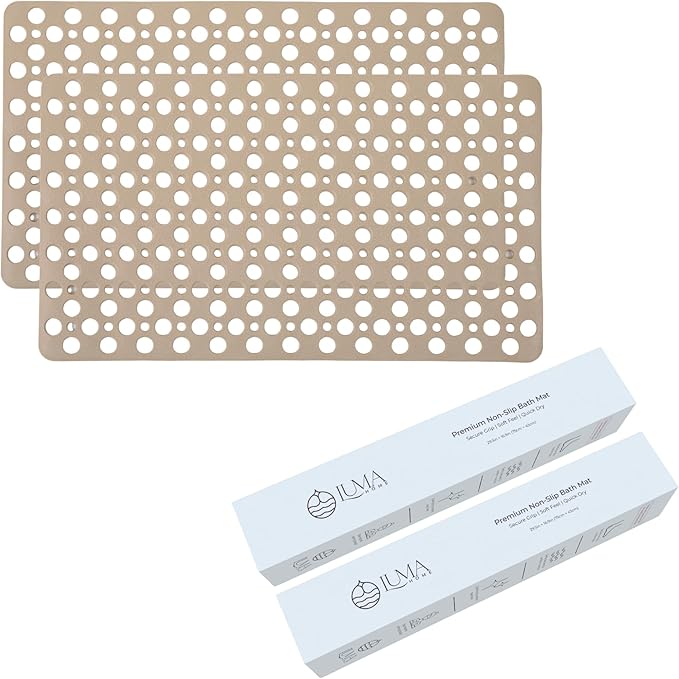 Non Slip Bathtub Mat and Shower Mat Beige TPE Strong Suction Cups Aesthetic Bath Mat for Inside Shower with Soft Texture, Quick-Dry Drain Holes, Spa-Inspired Design 30x17” (75x43 cm) (2)