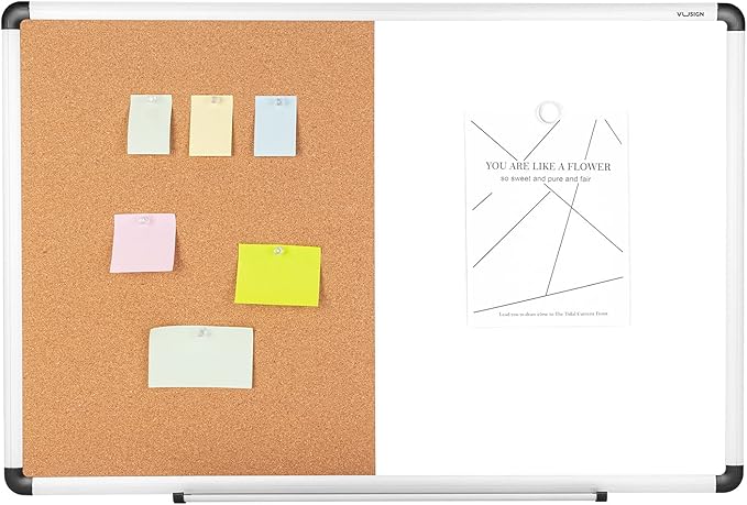 VUSIGN White and Cork Board Combination, 24" x 36" Dry Erase and Corkboard Combo for Home or Office, Wall Mounted Notice Bulletin With Aluminum Frame