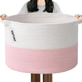 Large Storage Basket with Handle,23.6" x 23.6" x 15.7" Blanket Basket Storage Bins for Organizing,65L Cotton Rope Woven Baskets for Living Room, Nursery ,Bedroom,White&Pink