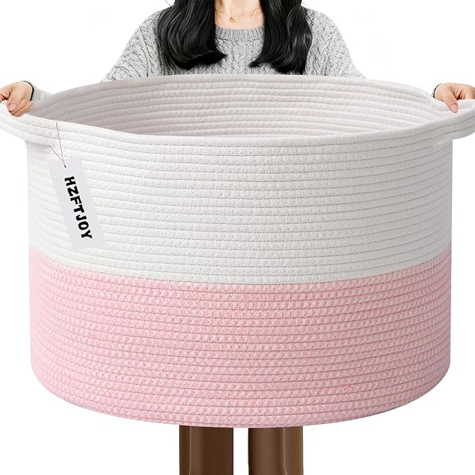 Large Storage Basket with Handle,19.7" L x 19.7" W x 13" H Blanket Basket Storage Bins for Organizing,65L Cotton Rope Woven Baskets for Living Room, Nursery ,Bedroom,White&Pink