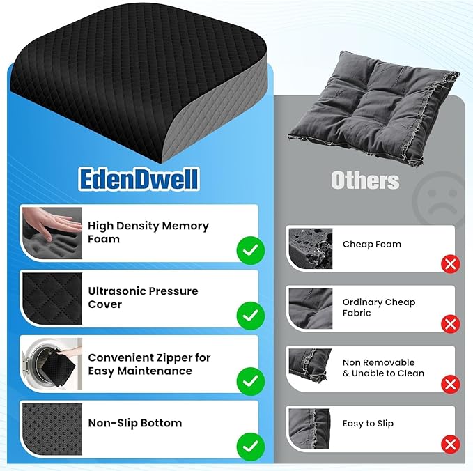 Seat Cushion, Memory Foam Chair Pad, Non-Slip Cushion for Office, Home, Car, Large Desk Chair Cushion, Washable Cover & Handle, X-Large, Black