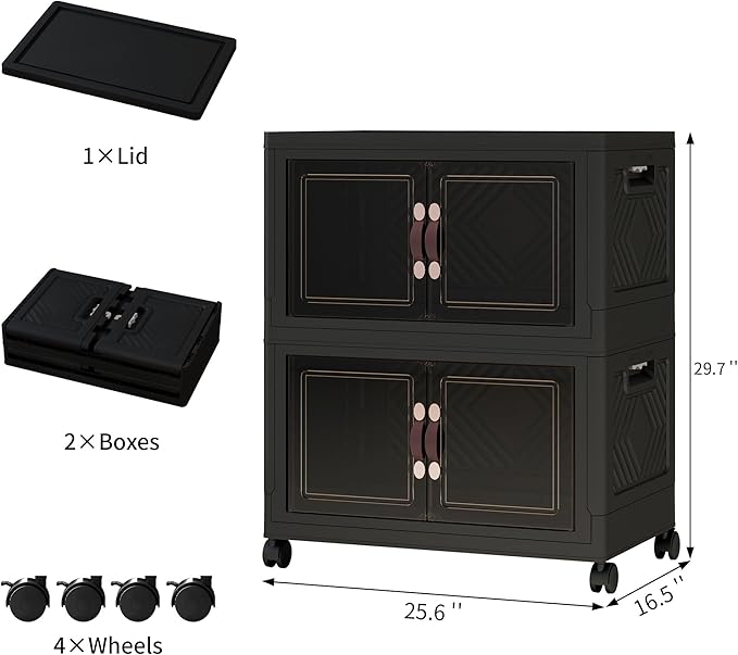 Storage Bins with Lids and Wheels, 199QT-99.5QT*2Tier Collapsible Bathroom Storage Cabinet with Clear Doors, Plastic Stackable Closet Organizers and Containers Black