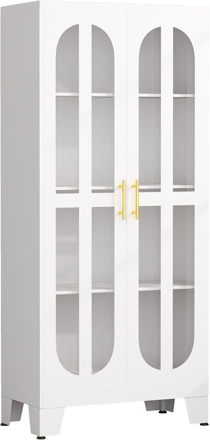 61" Metal Kitchen Pantry Storage Cabinet with 2 Acrylic Glass Doors ＆ 3 Adjustable Shelves, Versatile Food Freestanding Cupboard for Kitchen, Dining Room, Bathroom and Garage (White)