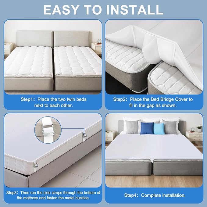 Upgrade 3-in-1 Bed Bridge Twin to King Bed Converter with Fitted Sheet- Mattress Gap Filler King Bed-with Sheet Strap Set 78"x 75"-Patent
