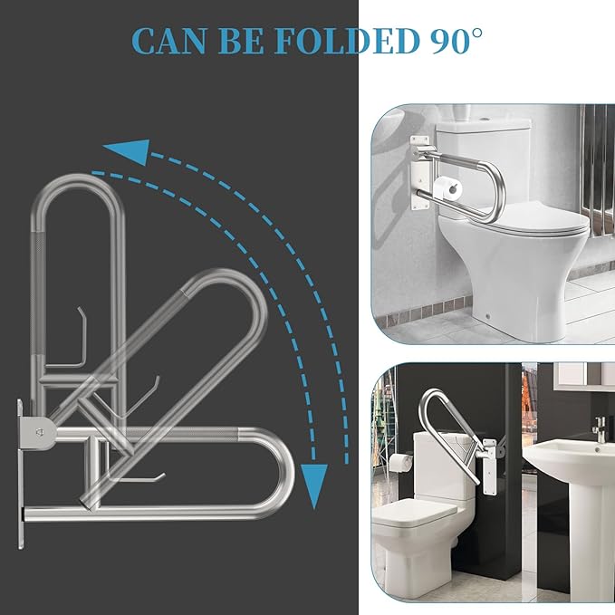 Toilet Grab Bar 22.4 Inch, Munzong Anti-Slip Handicap Grab Bars with Paper Holder, Flip-Up Bathroom Toilet Safety Rails, Stainless Steel Knurled Support handrails for Seniors Elderly Disabled Pregnant