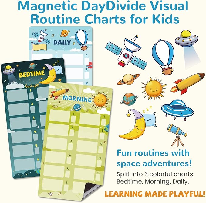 JJPRO Magnetic Bedtime/Morning/Daily Routine Chart for Kids with Reward Jar-Bedtime Checklist Toddler Reward Jar,Magnetic Chore Chart for Kids,Daily Routine Reward Chart -Outer Space