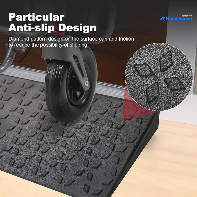 Ruedamann 1.2" Rise Threshold Ramps for Doorways, Sturdy Rubber Threshold Ramp, Non-Slip Ramp for Wheelchair for Home, Adjustable and Cuttable for Wheelchairs, Scooters, Sweepers, Curbs