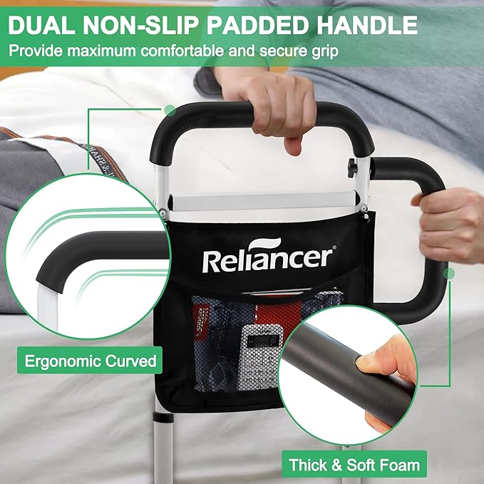 RELIANCER Bed Safety Rail for Elderly Adults w/Support Leg,Dual Handle Assist Grab Bar for Seniors,Adjustable Bedside Support Railings,Bed Side Assist Guard Rails,Bedside Hand Guard Bar Safety Bedrail