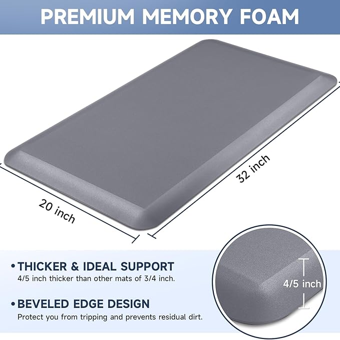 4/5 Inch Thick Kitchen Mats for Floor, StepRite Kitchen Rug for Standing Desk, Non-Slip, Thicker, Stain & Water Resistant, Comfort Anti Fatigue Floor Mat for Home, Kitchen, Office - Grey,32 * 20''