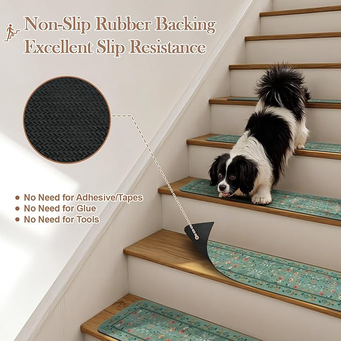 OJIA Floral Stair Treads Non-Slip Stair Runner for Wooden Steps Indoor 15PCS 30"x8" Carpet Stair Treads Stair Mats Staircase Step Treads for Kids, Elders and Dogs, Stair Covers, Green