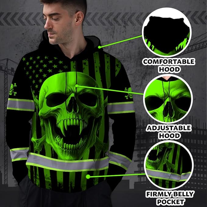 Matedecor Skull US Flag Reflective High Visibility Hoodie For Men Construction Hi Vis Safety Workwear Custom Name