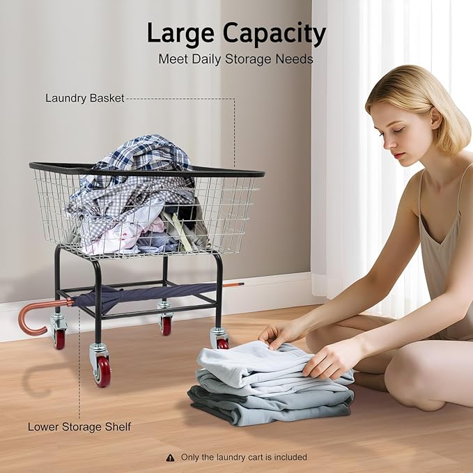 Heavy Duty Wire Laundry Cart with wheels, bushel steel wire laundry Hamper cart, Rolling Commercial Laundry Basket, Steel Frame with Chrome Finish, 26.77x21.5x26 inches