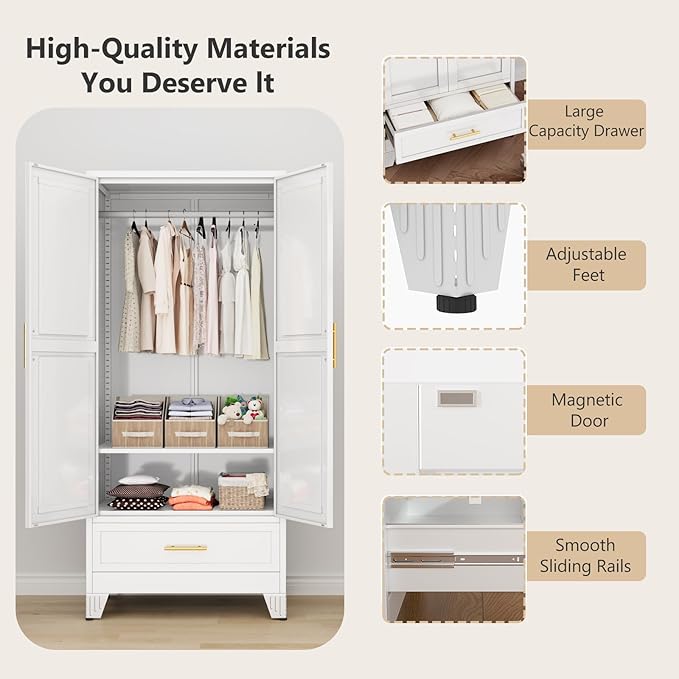 Metal Armoire Wardrobe Closet with Drawers,Storage Cabinet with Hanging Rod,71'' Metal Wardrobe Cabinet with 2 Doors and Adjustable Shelves for Bedroom, Laundry Room, Cloak Room