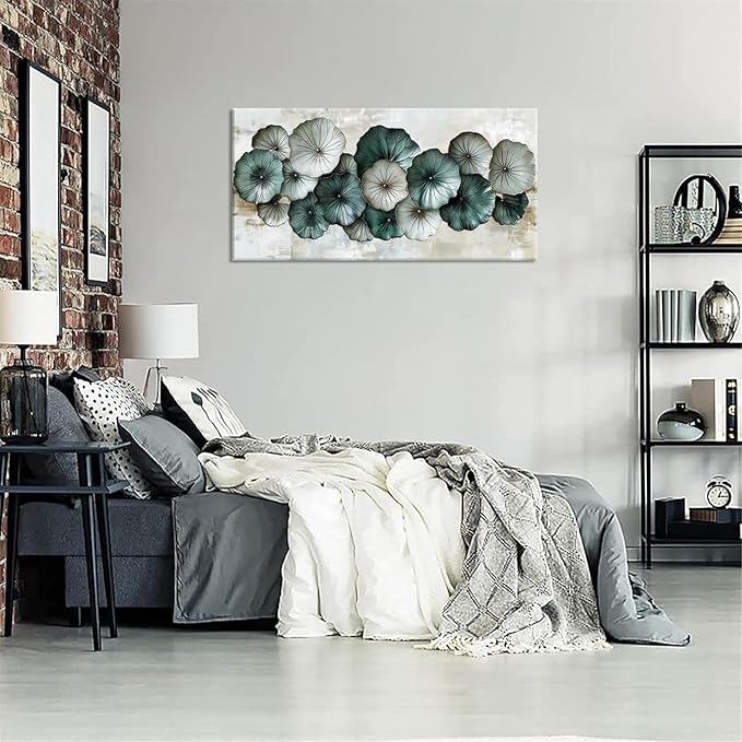 Abstract Cyan Floral Flower Wall Art for Living Room Office Contemporary Art Deco White Painting Prints Modern Canvas Artwork Over The Couch Bedroom Decor Large