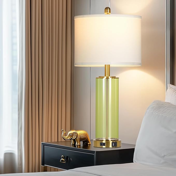 26" Green Glass Table Lamps for Bedside, Modern Living Room Lamps Set of 2, Elegant Coastal Bedroom Lamp with USB A+C Ports & AC Outlet, 3-Way Dimmable Touch Lamp for Nightstand Dining Table