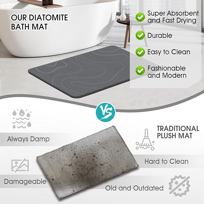 Stone Bath Mat Diatomaceous Earth Shower Mat Non-Slip Super Absorbent Diatomite Stone Mats for Bathroom Floor Quick-Drying Easy to Clean (24''*16'' Grey)
