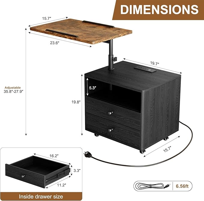 Bedroom Nightstand with Drawers & Charging Station, Adjustable Height Bedside Table with Wheels, Wooden Small Sofa Side Tables with Storage for Living Room, Black Brown