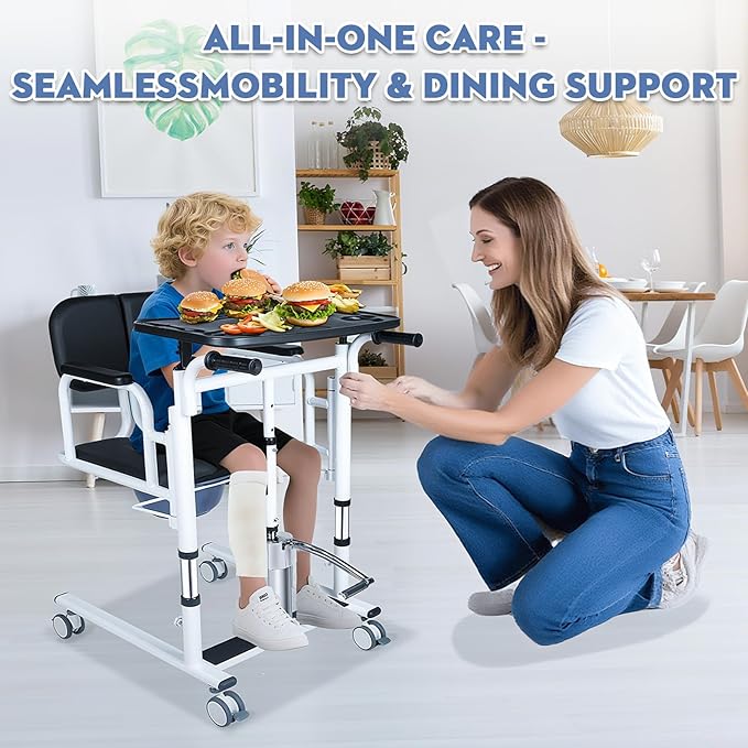 Drexo Patient Lift Transfer Chair, 5 in 1 Patient Lift Chair with 180°Split Seat, Height Adjustable Patient Transfer Chair with 4 Casters for Home Seniors Elderly, Load 450Lbs (Enlarge, Silver)