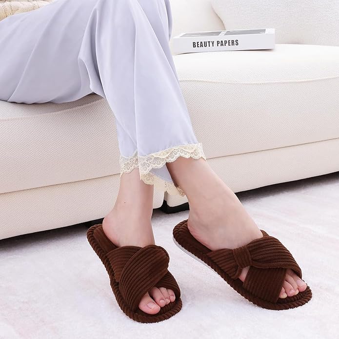 Evshine Fall House Slippers for Women Corduroy Cross Bow Indoor Slippers Open Toe Slip On Bedroom Shoes with Memory Foam