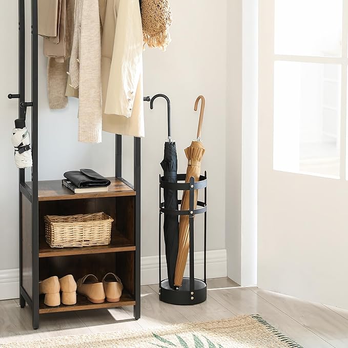 SONGMICS Umbrella Stand, Steel Round Umbrella Holder Rack, 7.7 x 7.7 x 21.7 Inches, with Detachable Drip Tray, for Entryway, Office, Stable, Assembly Required, Matte Black ULUC28BK
