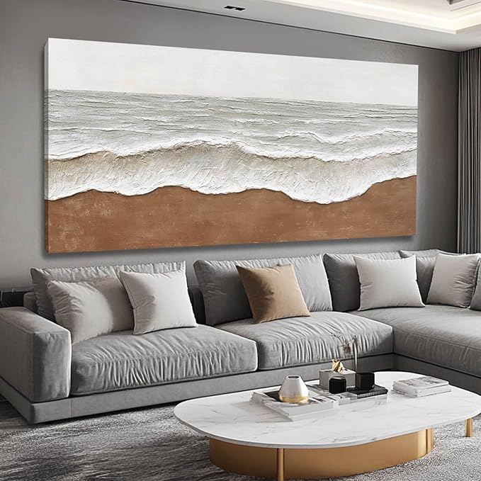 Artexist Textured Wall Decor Ocean Wall Painting White Line Wall Art Posters 29"x58" Large Pictures for Living Room Dining Room