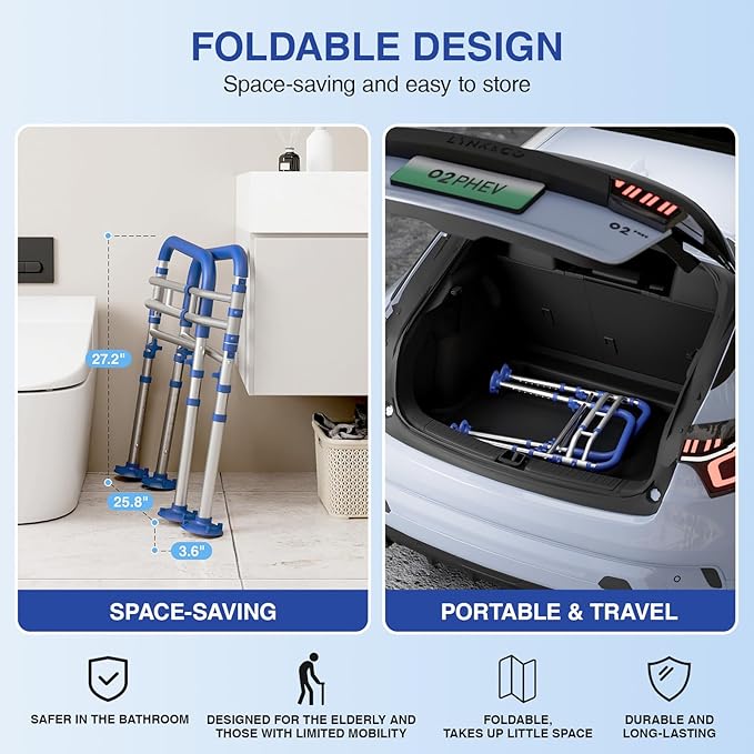 Foldable Toilet Safety Rails for Seniors - Adjustable Toilet Safety Frame & Toilet Handles for Elderly & Disabled, Fits Most Toilets, 350lb Capacity, Blue