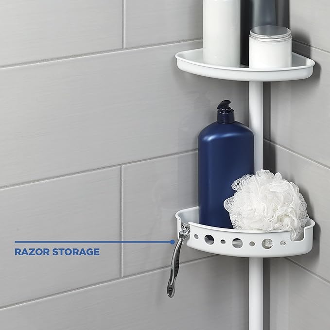 4-Tier Tension Corner Shower Caddy, White Steel Pole, Adjustable 60-96 Inches, 3 Shelves with Deep Basket, Rust-Resistant Finish