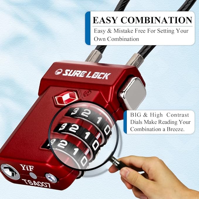 SURE LOCK TSA Approved 3-Digit Combination Luggage Locks – Open Alert Indicator, Re-settable Code with Zinc Alloy Body, Easy-Read Dials for Suitcase, Backpack, Gym Locker & Toolbox (Multiple Colors)
